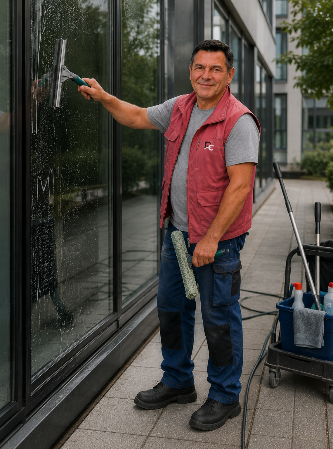 Ein Mitarbeiter der PrimeClean Reinigungsfirma Karlsruhe bei einer Glasreinigung